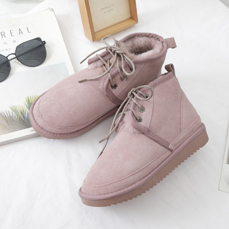 Genuine Leather Women's Snow Boots 100% Natural Fur
