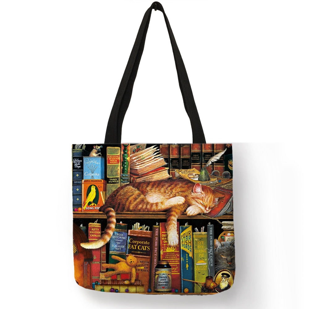 Customize Oil Painting Cat Print Womens Designer Tote Bags Linen