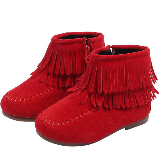 Fringes Girls Ankle Boots Princess Sweet Red Pink Black Flock Fabric Warm Rubber