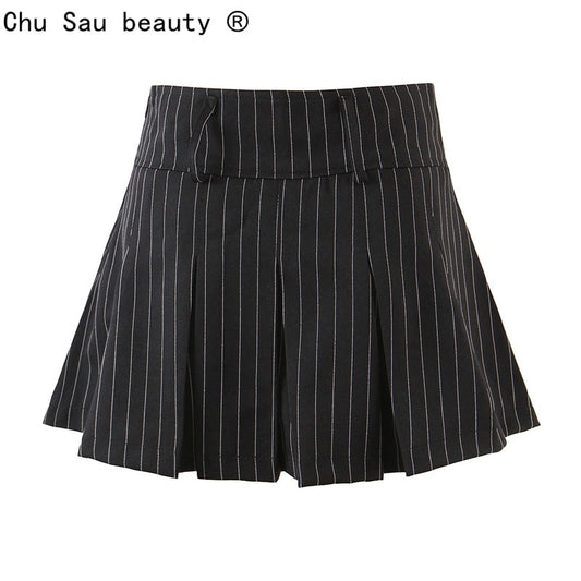 Vintage college style high waist striped pleated skirt woman slim fit kawaii short