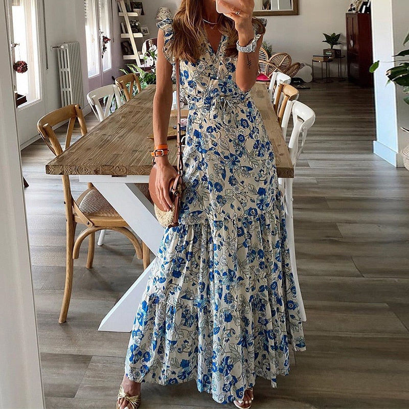 Women Elegant V-Neck Summer Dresses Casual Short Sleeve Dresses