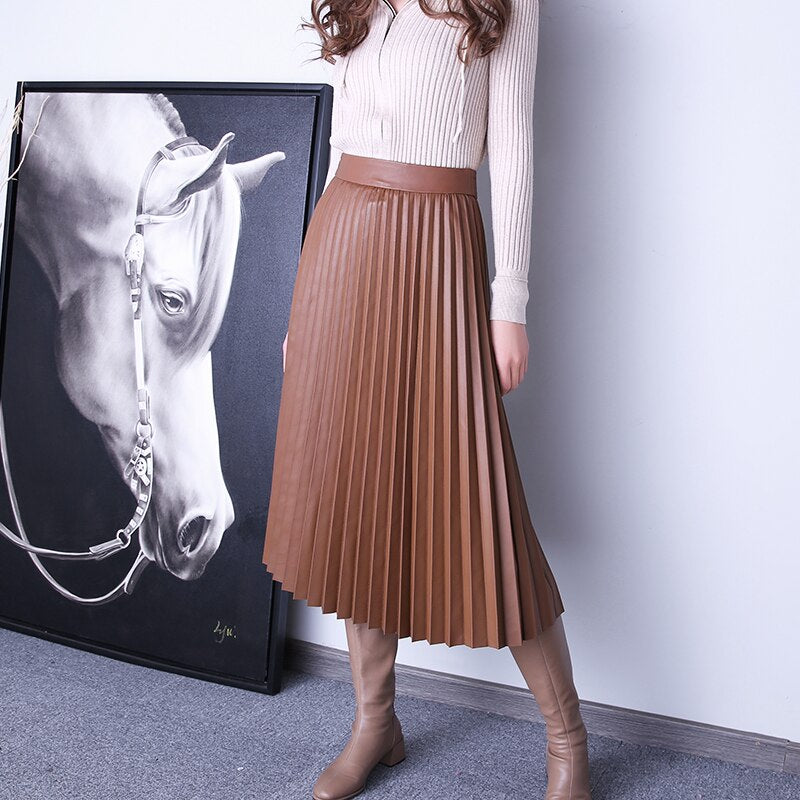 Pleated Skirts For Women Spring Female Harajuku Genuine Leather Vintage