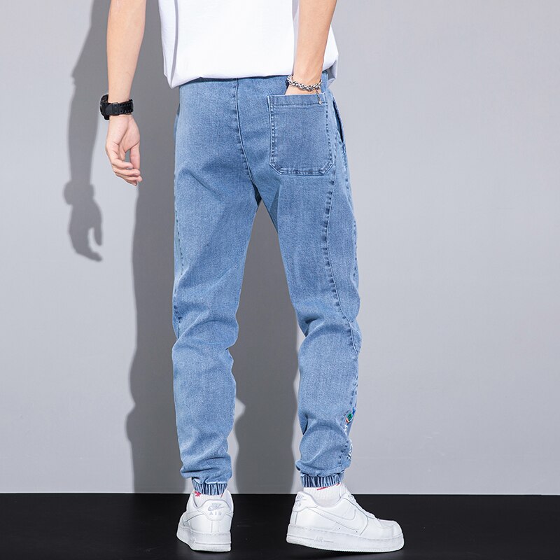 Autumn Loose Men's Jeans Text embroidery Baggy Elastic Waist Harlan