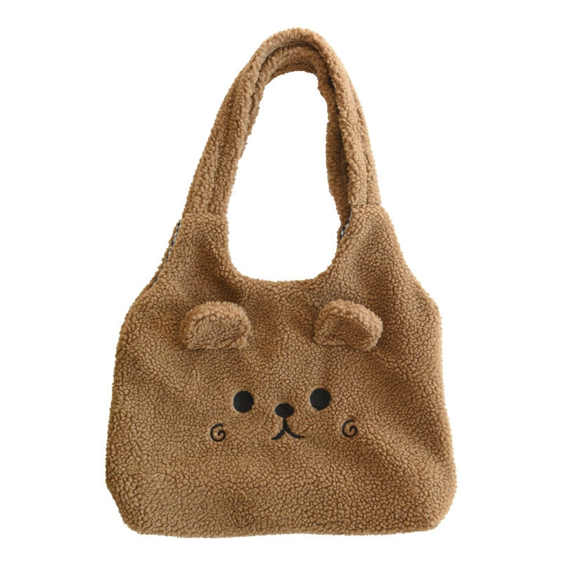 Winter Soft Plush Tote Bag Women Cartoon Embroidery Imitation