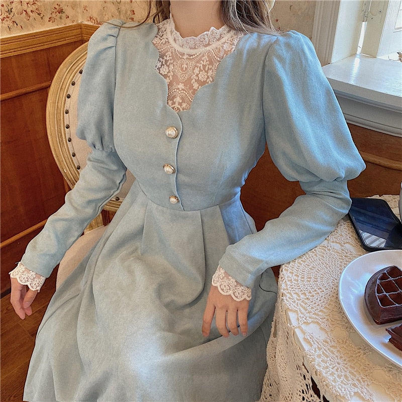 Solid Elegant Dress Women Winter Patchwork Lace Party Midi Dress Female Casual
