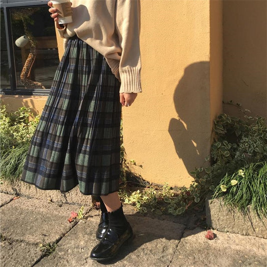 Vintage Wool Pleated Plaid Skirt Women High Waist Plus Size Long Skirt