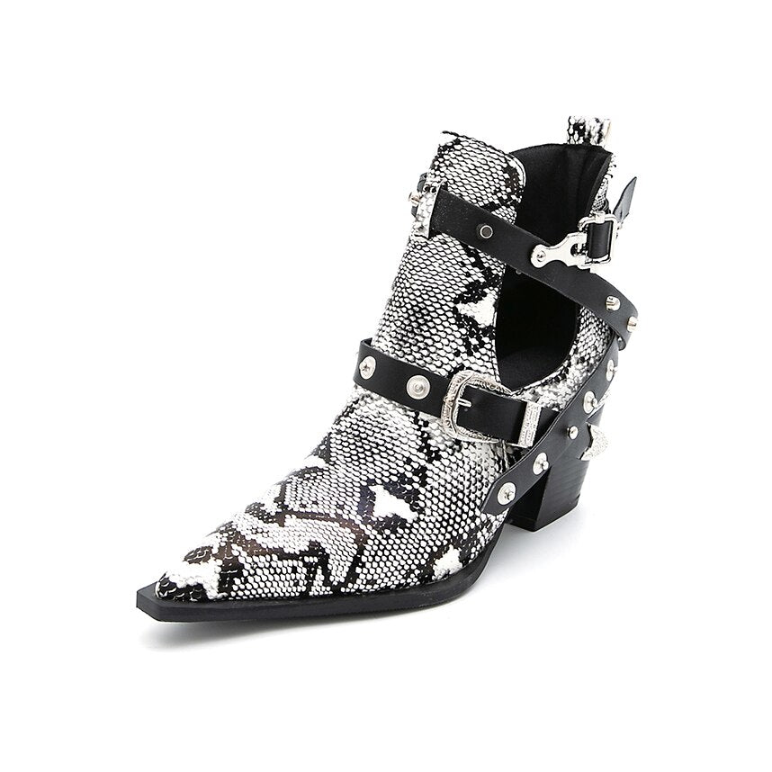 Motorcycle Western Cowboy Boots Women Snake PU Leather Short Cossacks