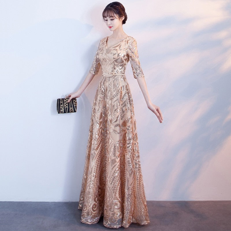 Evening wear Dresses: Women Banquet A- Line Dresses Slim V-Neck Host Formal Gown