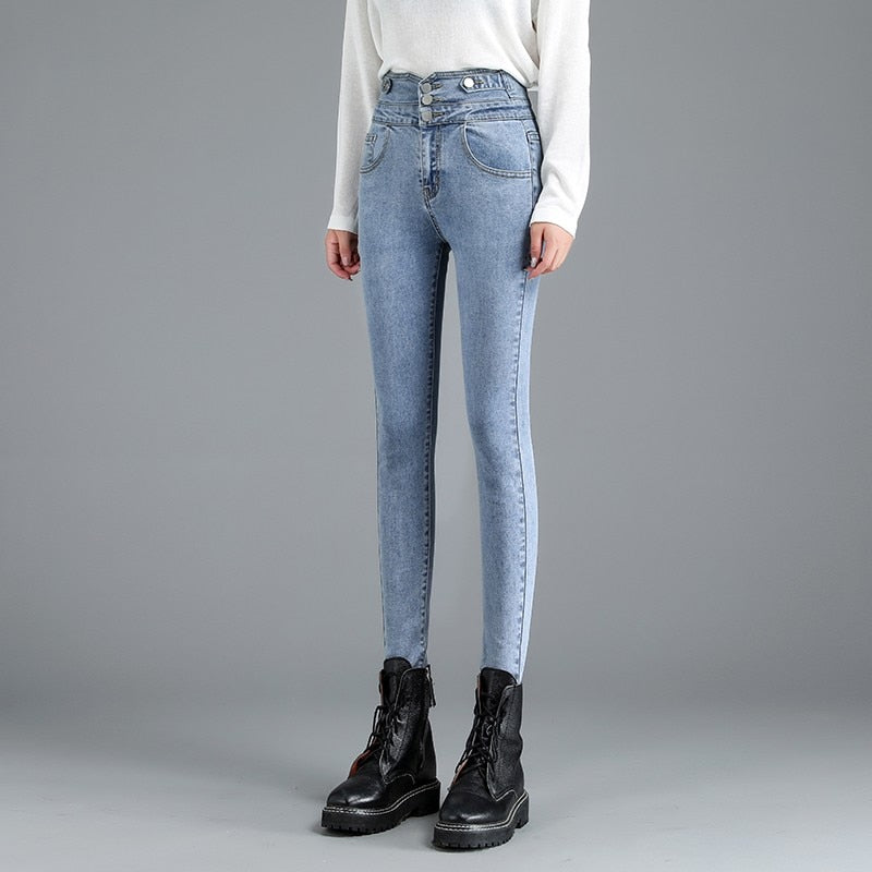 GUUZYUVIZ High Waist Jeans Autumn Winter Pencil Pants Denim Buttons Ladies Jeans Trousers High Elasticity Jean Femme