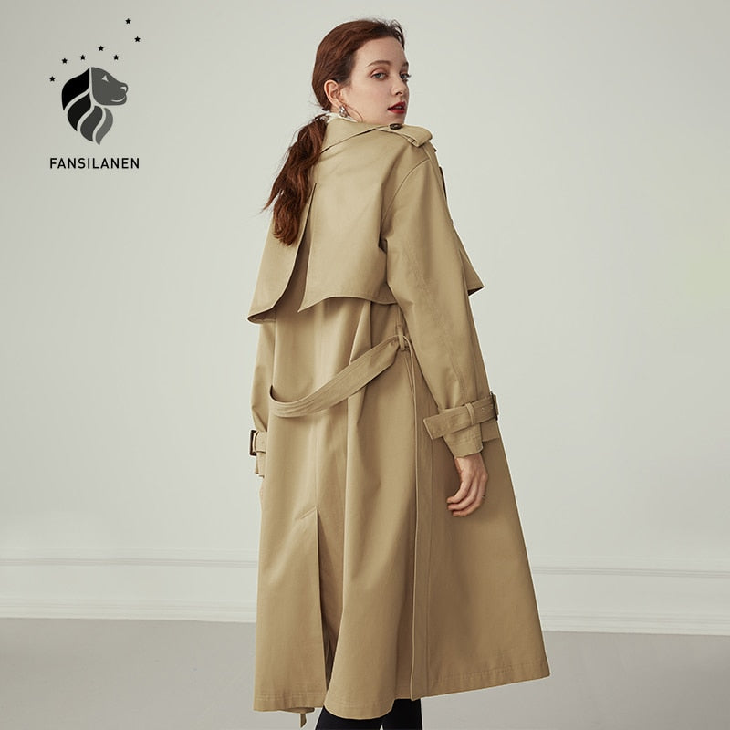 FANSILANEN 100% Cotton Khaki Long Women Trench Coat