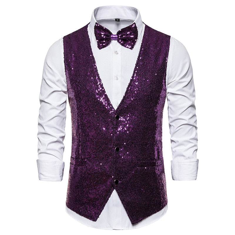 Shiny Gold Sequin Sparkling Waistcoat Men Slim Fit V Neck 2 Pieces Mens Vest