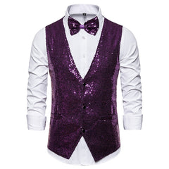 Shiny Royal Blue Sequin Dress Vests Men Slim Fit V Neck Glitter Tuxedo Waistcoat