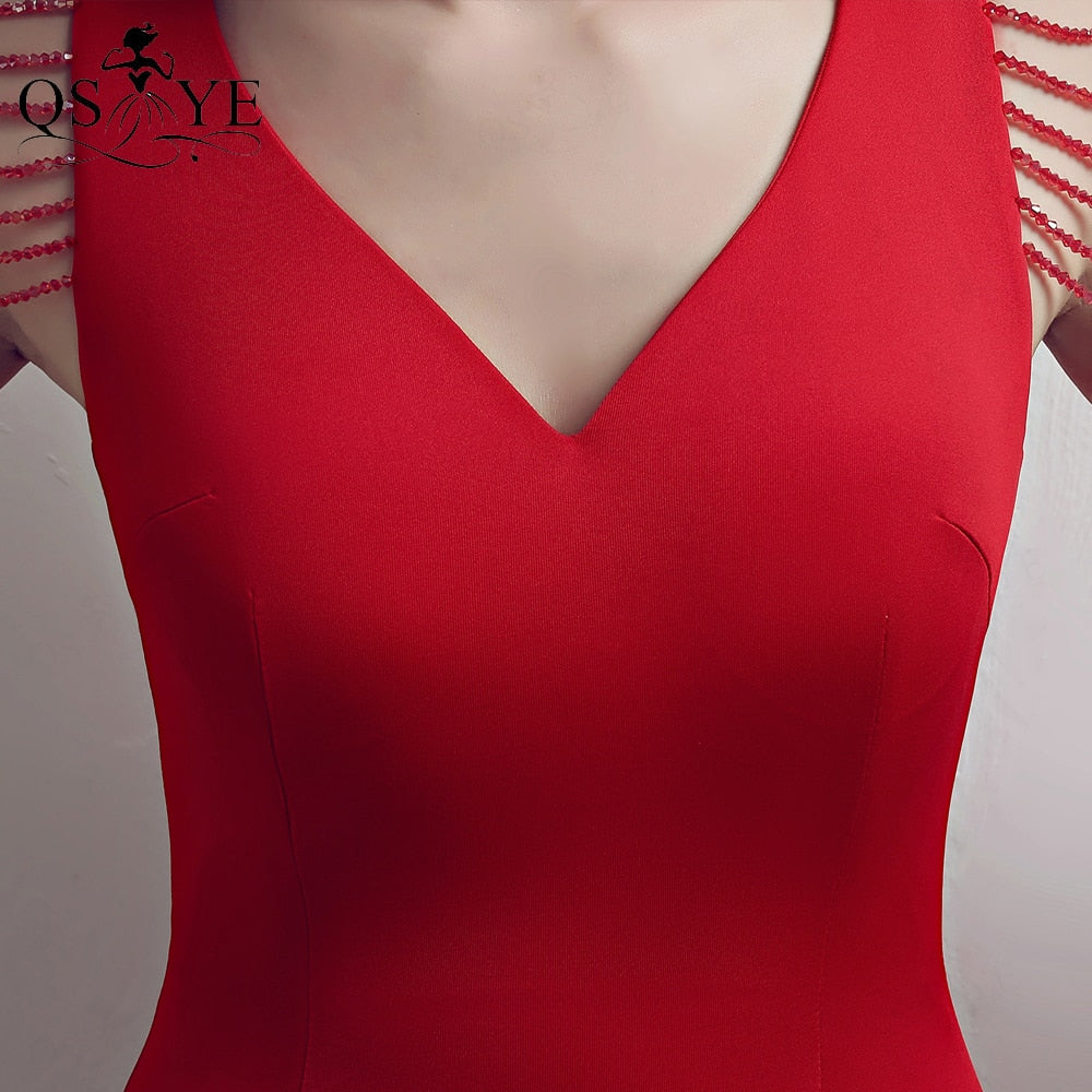 Homecoming Dresses: Red Long Prom Dress Stretch Beading Straps Evening Dress