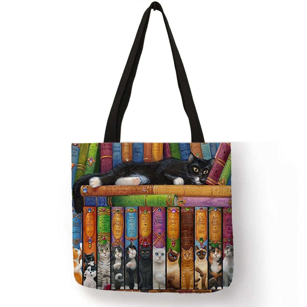 Customize Oil Painting Cat Print Womens Designer Tote Bags Linen