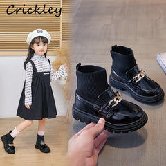 Metal Chain Girls Boys Fashion Boots PU Leather Knitting Patchwork Slip On Kids