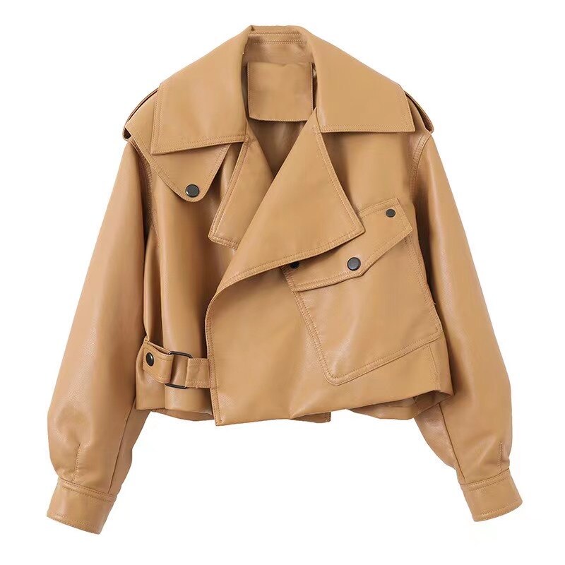 Autumn Women Faux Leather Jacket Pu Motorcycle Biker Red Coat