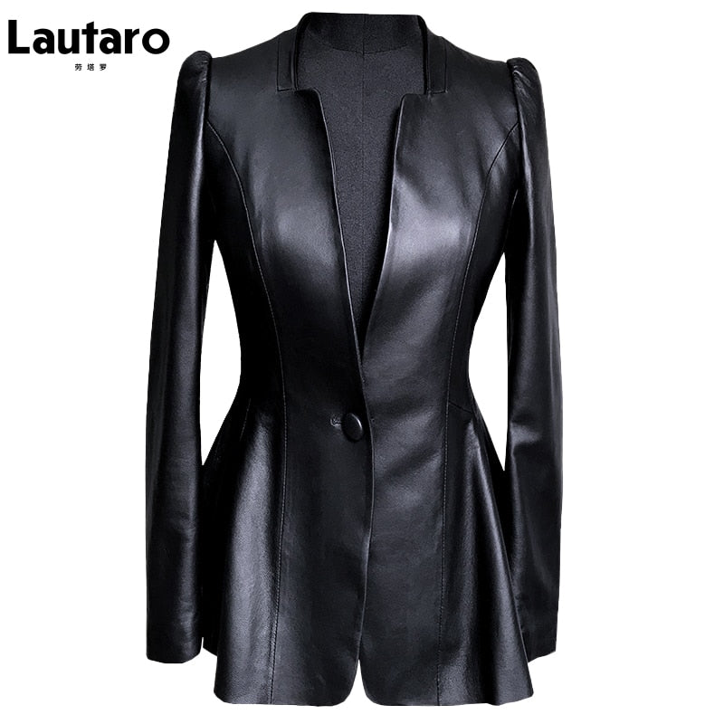 Autumn Black Slim Soft Pu Leather Jacket Women Deep V Neck