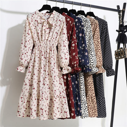 Floral Print Women Dress Female Autumn Long Sleeve Vintage Chiffon Bow Tie