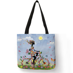 Wishing Girl Print Linen Reusable Shopping Bags Women Large Tote Bags