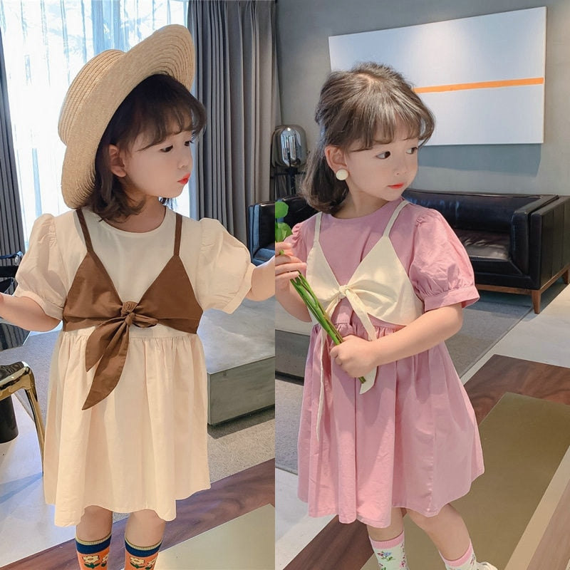 Summer Girls Puff Sleeve Princess Dress New Baby Kids Sweet Fake Two-Piece