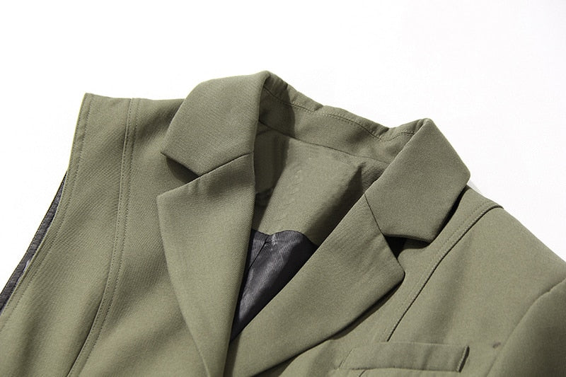 Women Green Irregular Big Size Trench Lapel Long Sleeve Loose