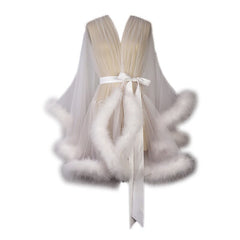 Short Feather Robe Marabou Edging Dressing Gown Bridal Boudoir Sheer