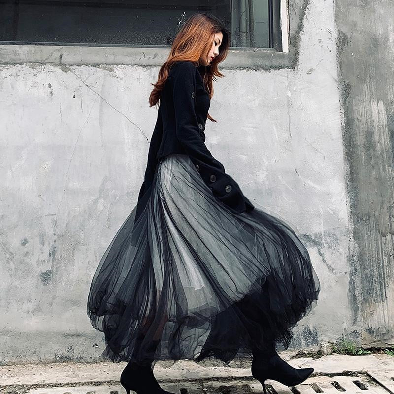 Long Luxury Soft Tulle Skirt Lace stitching Gothic White Black Pleated Tutu Skirts