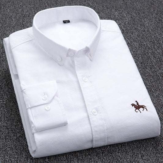 Cotton Oxford Shirt Men's Long Sleeve Embroidered Horse Casual