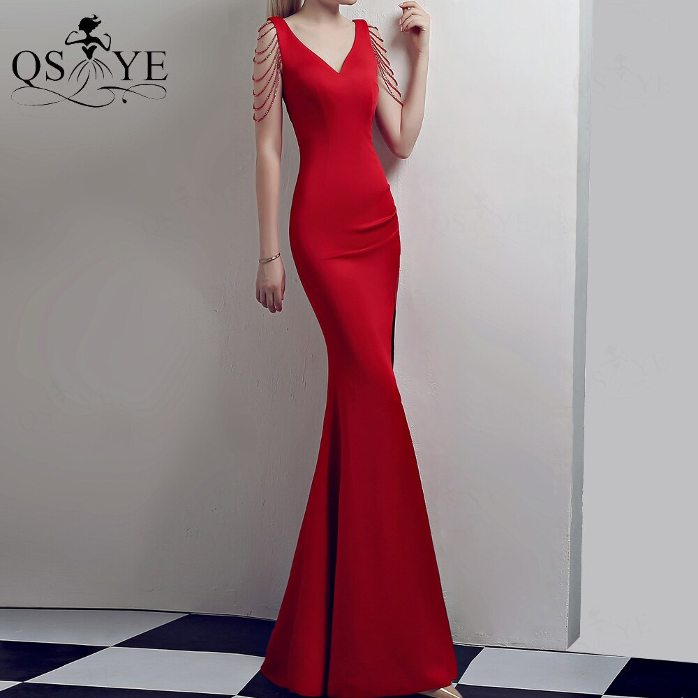 Homecoming Dresses: Red Long Prom Dress Stretch Beading Straps Evening Dress