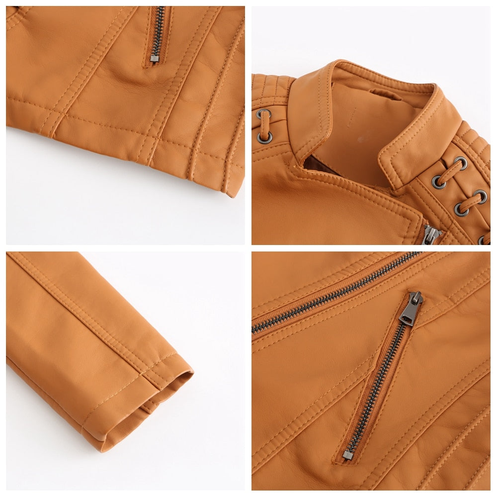 Women's Leather Jacket Slim Turn-down Collar Short PU Leather Jacket