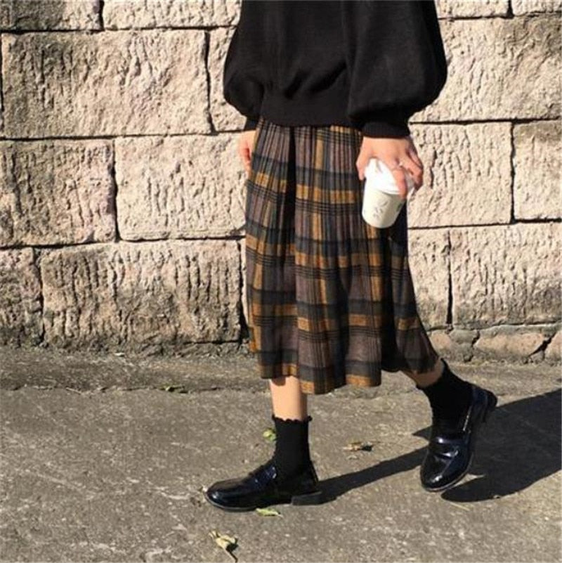 Vintage Wool Pleated Plaid Skirt Women High Waist Plus Size Long Skirt