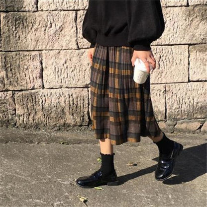 Vintage Wool Pleated Plaid Skirt Women High Waist Plus Size Long Skirt