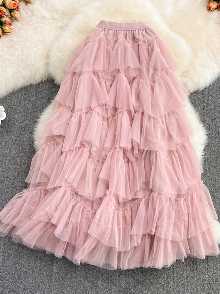 Tutu Tulle Long Skirts Womens Spring Korean Solid A Line High Waist