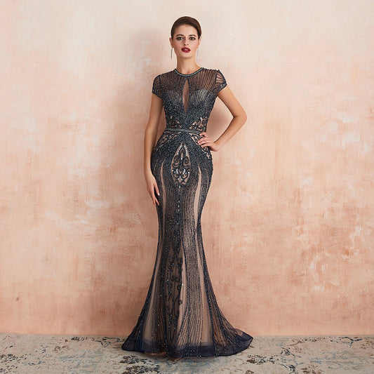 Evening wear Dresses: Wedding Evening Night Dresses Short Sleeves O Neck Beading