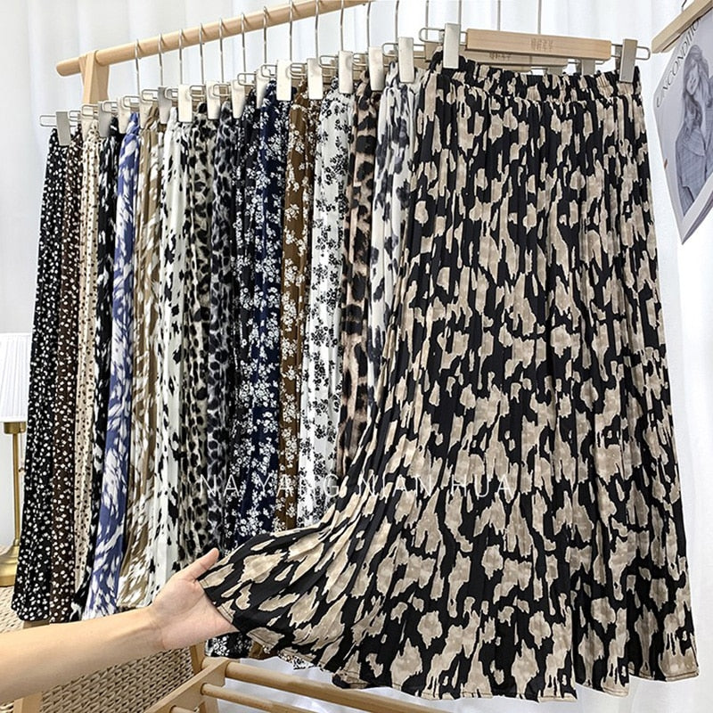 Fashion Elegant Vintage Leopard Print Pleated Skirt Elastic High Waist Long