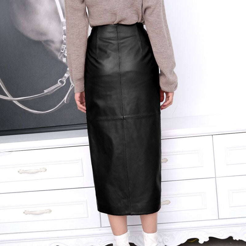 Leather Wrap Skirt Women Winter Female European Real Soft Lambskin 80 cm