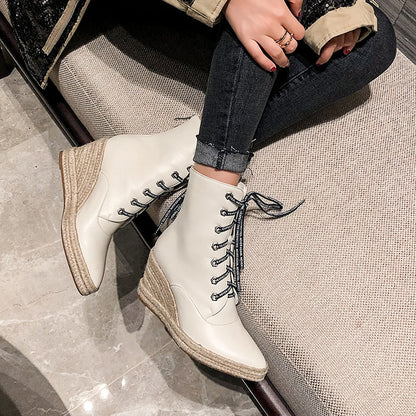 Women Wedge Ankle Boots Casual Lace Up Low Heels Female Platform Shoes