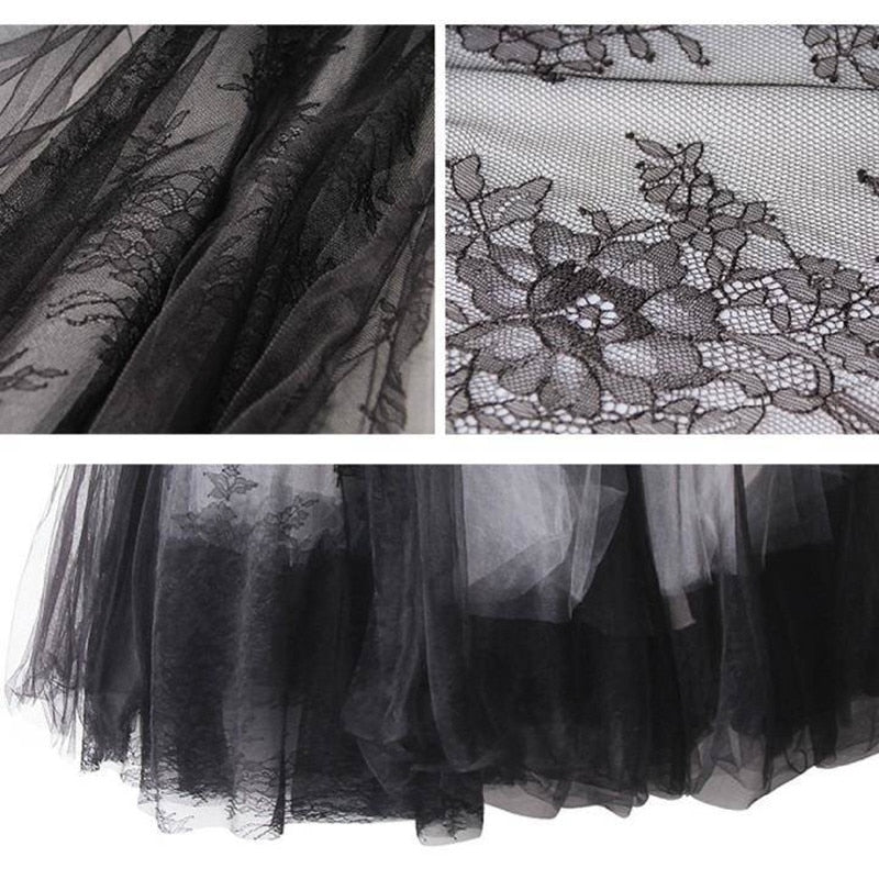 Long Luxury Soft Tulle Skirt Lace stitching Gothic White Black Pleated Tutu Skirts
