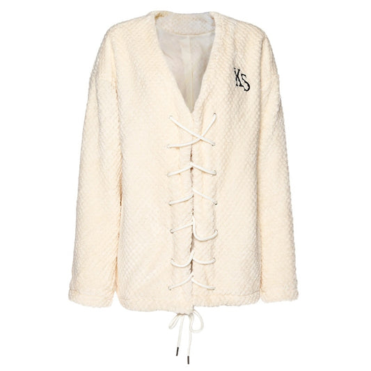 Letter Print Warm Coats Women Jacket V-Neck Criss Cross