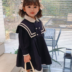 Spring Summer Girls Dress British Style Navy Collar Little Cute Long-Sleeved