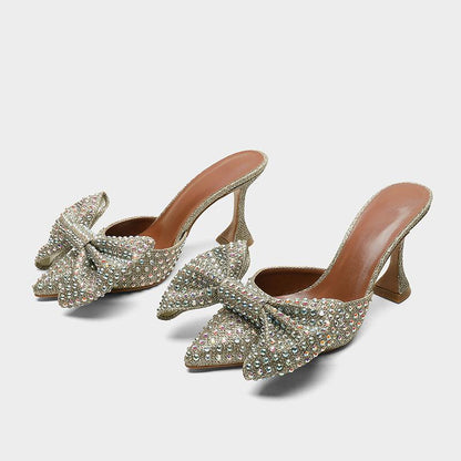 Pointed Bow Sandals Crystal All-match Ultra-High Heel Thin Heeled Baotou Slippers Women Shoes