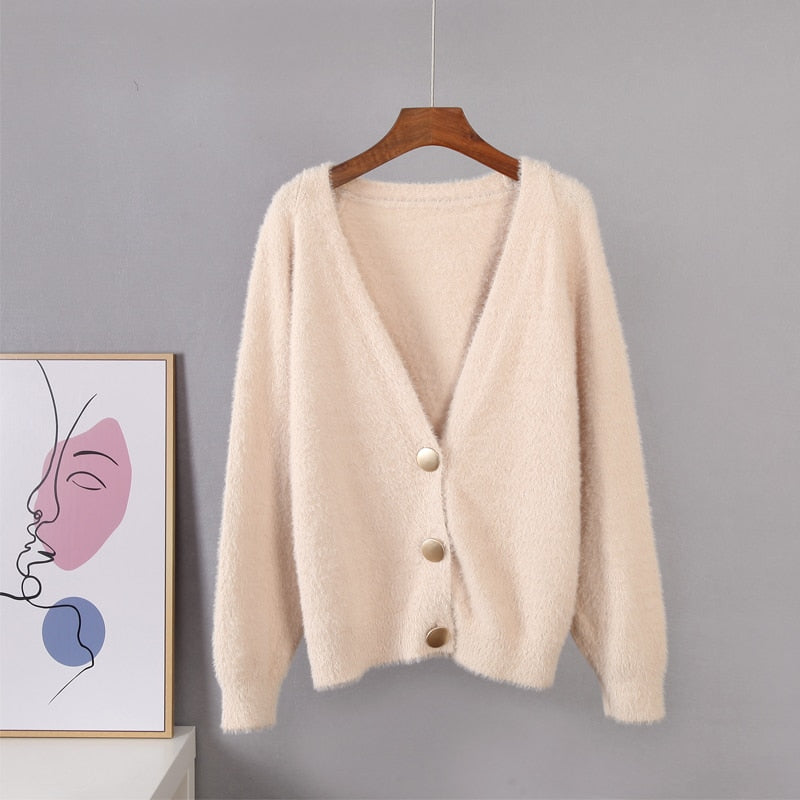 Elegant Long Sleeve Mohair Sweater Women Single-Breasted Female Short Cardigan