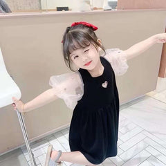 Summer Girls Dress Net Yarn Stitching Puff Sleeve Splicing Love Sweet Princess