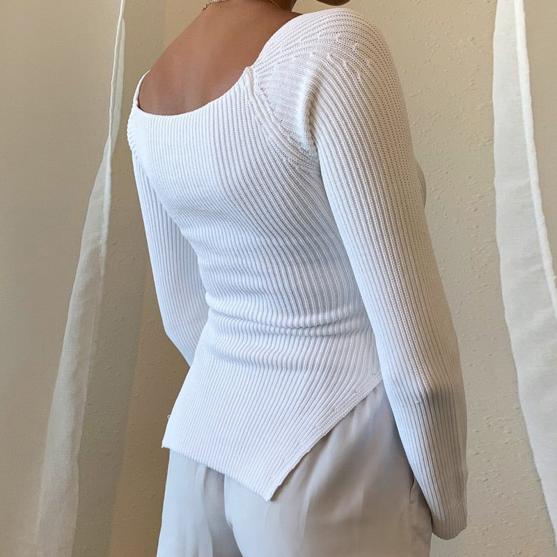 Square Collar Long Sleeve Woman Sweaters Knitted Pullover Women