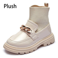 Metal Chain Girls Boys Fashion Boots PU Leather Knitting Patchwork Slip On Kids