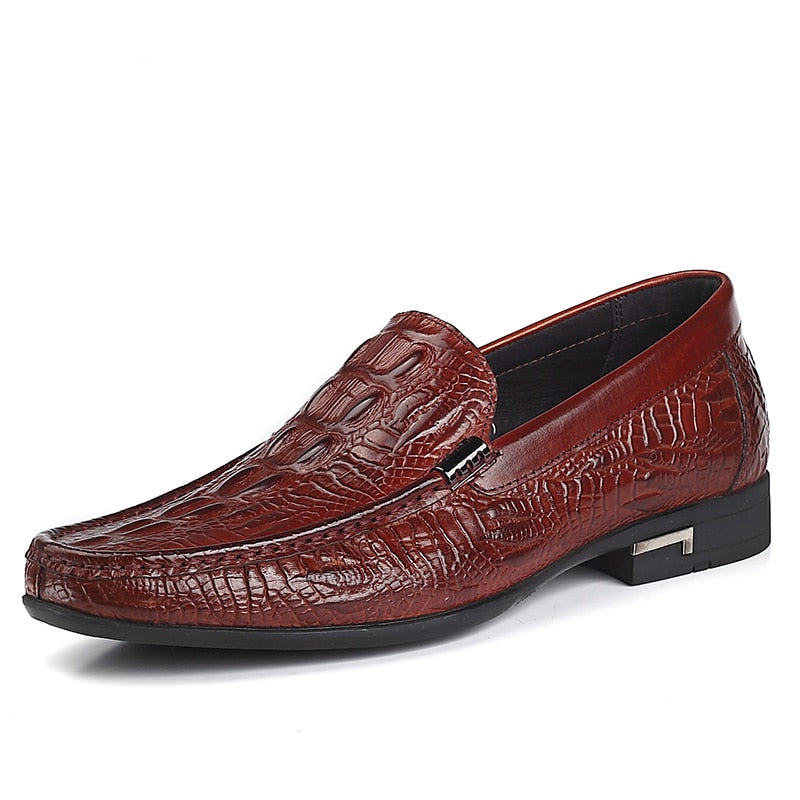 Phenkang Men Leather Alligator Texture Slip On Casual Shoes Male