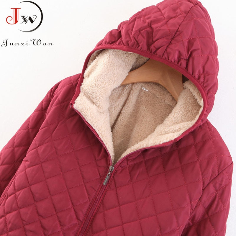 Women Autumn Winter Parkas Coat Jackets Female Lamb Hooded Plaid