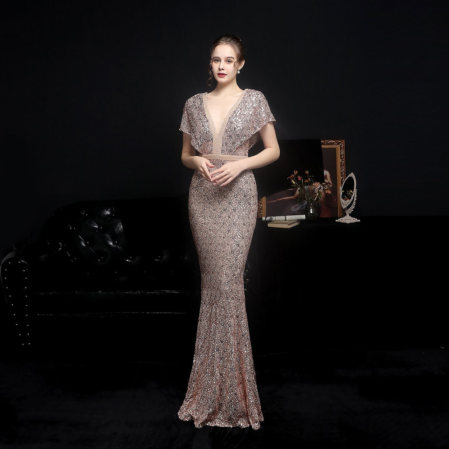 Evening wear Dresses: Elegant Gold Sequin Dress for Women Evening Dress with Beads