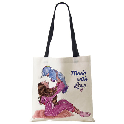 Cute Cartoon Super Mama Print Linen Tote Bag Reusable Shoulder Bags Mom