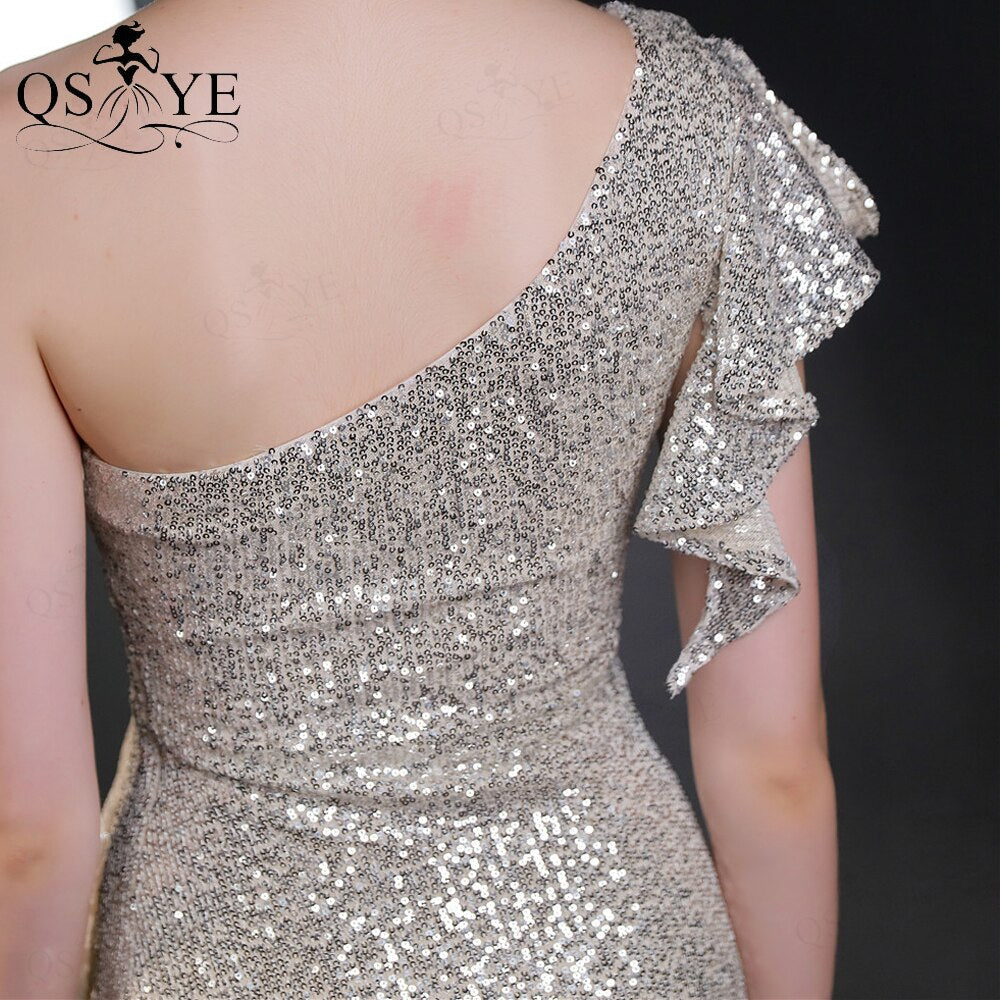 Evening wear Dresses: One Shoulder Silver Prom Dresses Ruffles Sequin Sheath